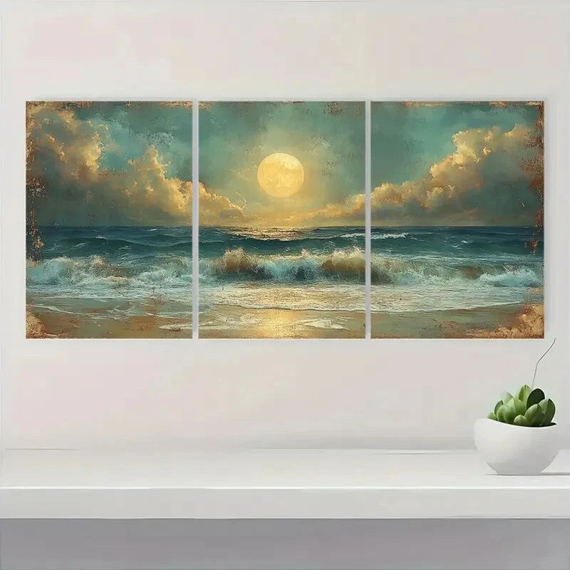 3pcs Moonlit Seaside Vintage Rustic Nature Metal Print Ready to Hang Art - Bella Home Decor