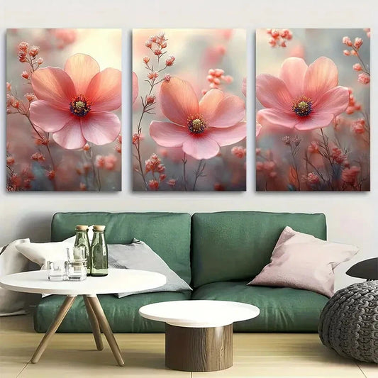 3pcs Pink Botanical Flowers Design Metal Print Ready to Hang Art