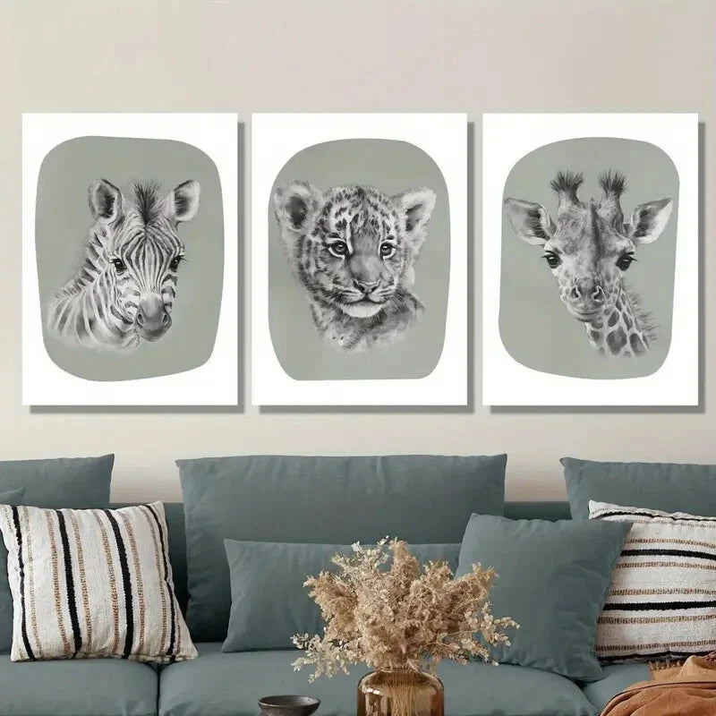 3pcs Art Deco Cartoon Animal Metal Print Ready to Hang Art