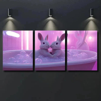 3pcs Charming Rabbits in Bathtub Wall Art Set Canvas Framed 50x70cm - High Quality Print 100% Australian Made Wall Canvas Ready to Hang