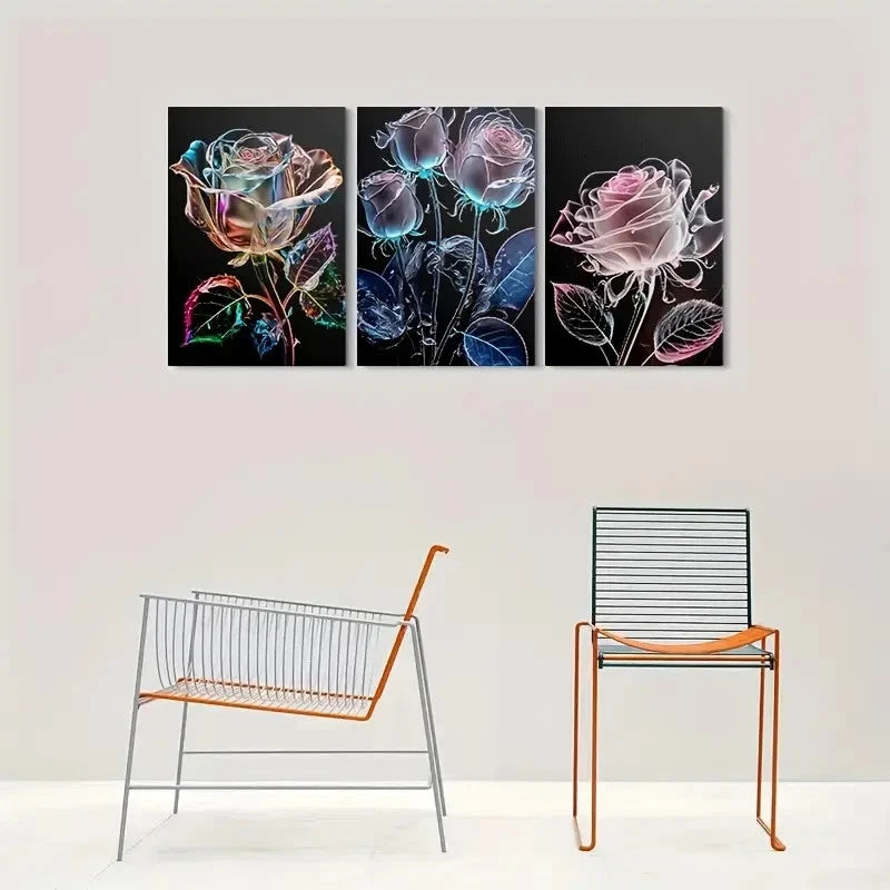 3pcs Colorful Rose Triptych Modern Metal Print Ready to Hang Art - Bella Home Decor