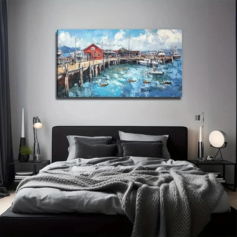 Fisherman'S Harbor Perfect Wall Art Canvas Office Home Room Framed 120x60cm