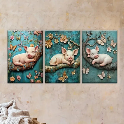 3pcs Whimsical Piglet & Butterfly Garden Wall Art Set Canvas Framed 50x70cm - High Quality Print 100% Australian Made Wall Canvas Ready to Hang - Bella Home Decor