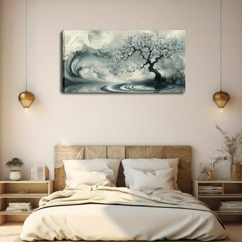 Tree White Flowers Right Side Wall Art Canvas Office Home Room Framed 120x60cm - Bella Home Decor