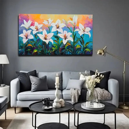 Living room with a colorful floral painting on the wall above a gray sofa.