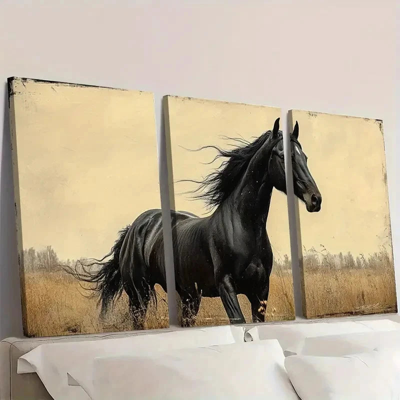 3pcs Vintage Black Horse Prints A   Wall Art Set Canvas Framed 50x70cm - High Quality Print 100% Australian Made Wall Canvas Ready to Hang - Bella Home Decor