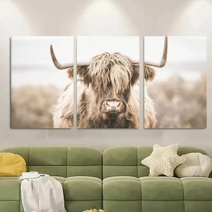 3pcs Majestic Brown Cows in Pastoral Landscape Metal Print Ready to Hang Art