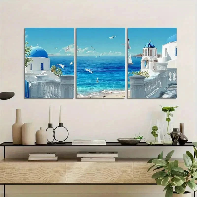 3pcs White & Blue Mediterranean Sea View Metal Print Ready to Hang Art - Bella Home Decor