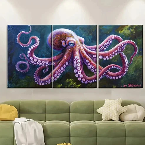 3pcs Octopus Oil Painting Sea Animals KO Wall Art Set Canvas Unframed - High Quality Print 100% Australian Made Wall Canvas - Bella Home Decor