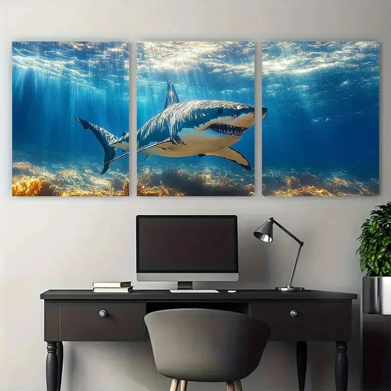 3pcs Shark Underwater with Sunlit Illustration Metal Print Ready to Hang Art - Bella Home Decor