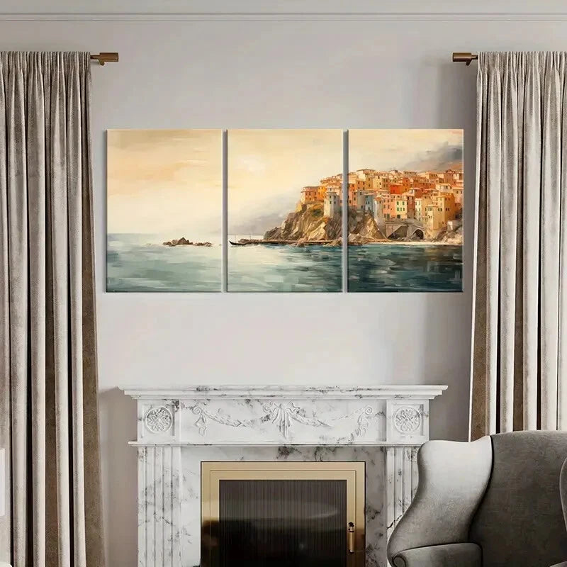 3pcs Cliffside Village Serene Waters Metal Print Ready to Hang Art - Bella Home Decor