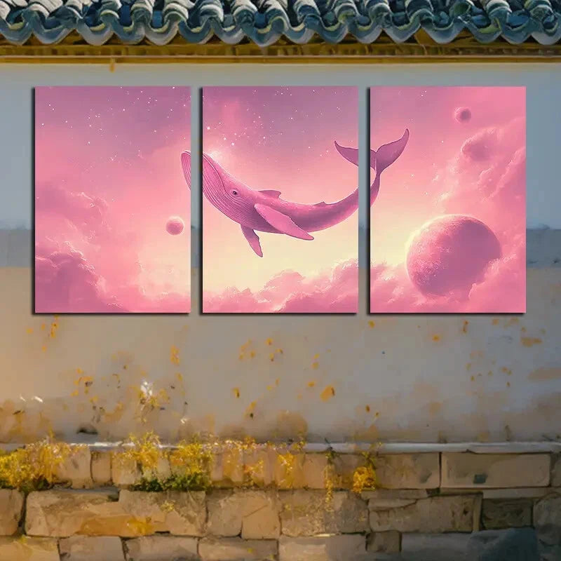 3pcs Vibrant Whale Pink Illustration Metal Print Ready to Hang Art