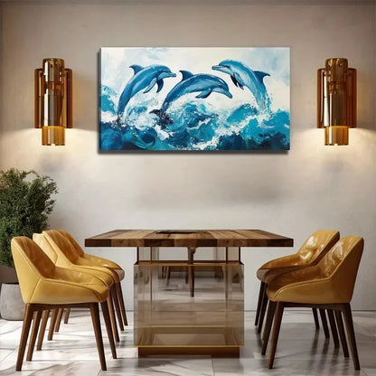 Three Jumping Dolphins Suitable Wall Art Canvas Office Home Room Framed 120x60cm