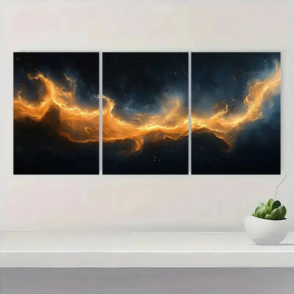 3pcs Abstract Geometric Black & Golden Smoke Wave Metal Print Ready to Hang Art - Bella Home Decor