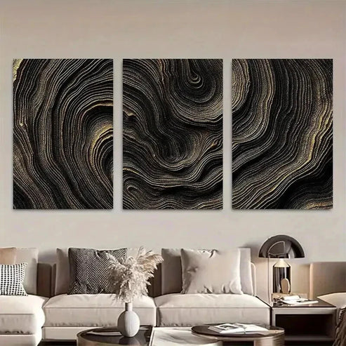 3pcs Black and Golden Abstract Wave Pattern Art Set Canvas Unframed - High Quality Print 100% Australian Made Wall Canvas - Bella Home Decor