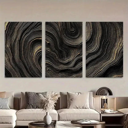 3pcs Black and Golden Abstract Wave Pattern Art Set Canvas Unframed - High Quality Print 100% Australian Made Wall Canvas - Bella Home Decor
