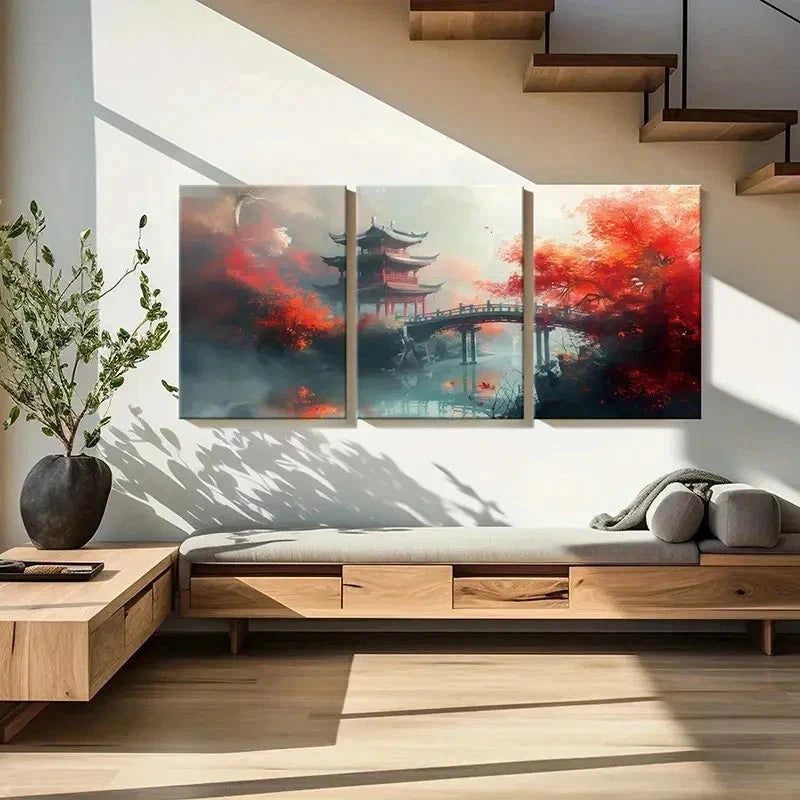 3pcs Chinese Ancient Style Painting Tower Bridge Wall Art Set Canvas Framed 60x90cm - High Quality Print 100% Australian Made Wall Canvas Ready to Hang - Bella Home Decor