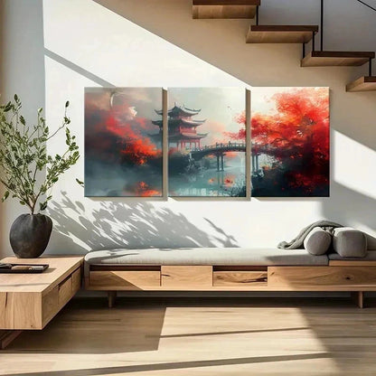 3pcs Chinese Ancient Style Painting Tower Bridge Wall Art Set Canvas Framed 60x90cm - High Quality Print 100% Australian Made Wall Canvas Ready to Hang - Bella Home Decor