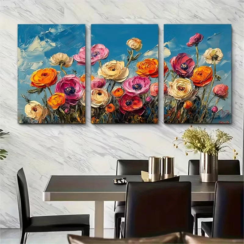 3pcs Flowers Impasto Oil Painting Meadow Metal Print Ready to Hang Art - Bella Home Decor