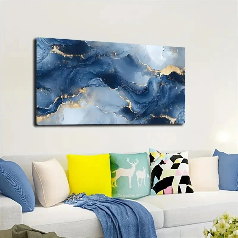 Blue and Golden Marble Wall Art canvas office home room framed 120x60cm - Bella Home Decor