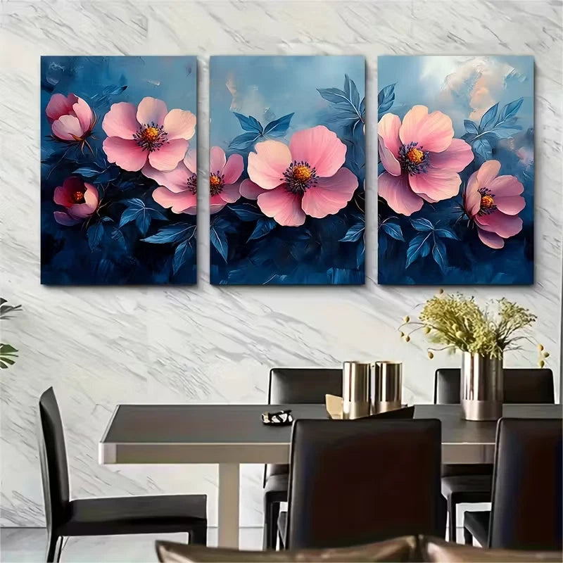 3pcs Elegant Pink Cosmos Floral Metal Print Ready to Hang Art