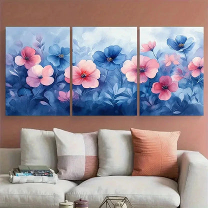 3pcs Abstract Garden Design in Blues Pinks Metal Print Ready to Hang Art - Bella Home Decor