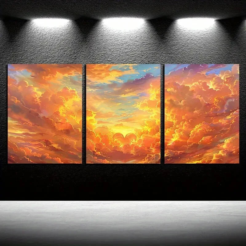 3pcs Vibrant Heart-Shaped Clouds Design Metal Print Ready to Hang Art - Bella Home Decor