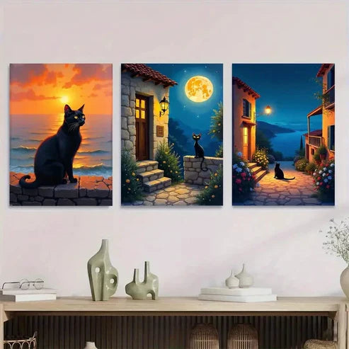 3pcs Black Cat Sunset & Moonlit Village Houses Wall Art Set Canvas Unframed - High Quality Print 100% Australian Made Wall Canvas - Bella Home Decor