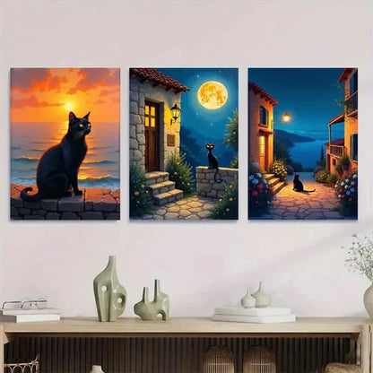 3pcs Black Cat Sunset & Moonlit Village Houses Wall Art Set Canvas Unframed - High Quality Print 100% Australian Made Wall Canvas - Bella Home Decor