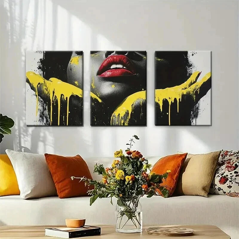 3pcs Abstract Black and Golden Lips Perfect Wall Art Set Canvas Framed 60x90cm - High Quality Print 100% Australian Made Wall Canvas Ready to Hang - Bella Home Decor