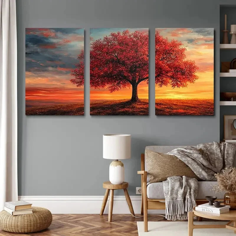 3pcs Vibrant Red Tree Modern Nature Metal Print Ready to Hang Art - Bella Home Decor