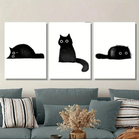 3pcs Cute black cat, black little coal cat, Metal Print Ready to Hang Art