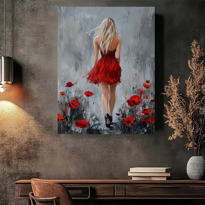 Beautiful Red Poppy Garden Walkway Painting 40x60cm Metal Print Ready to Hang - Bella Home Decor