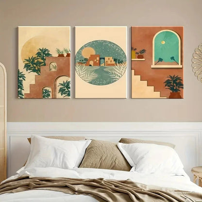 3pcs Palm Trees Arches & Moonlit Skies Metal Print Ready to Hang Art - Bella Home Decor