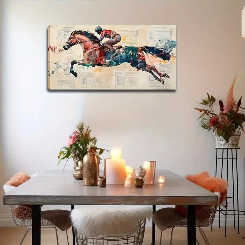 Abstract Horse and Rider Décor Wall Art Canvas Office Home Room Framed 120x60cm - Bella Home Decor