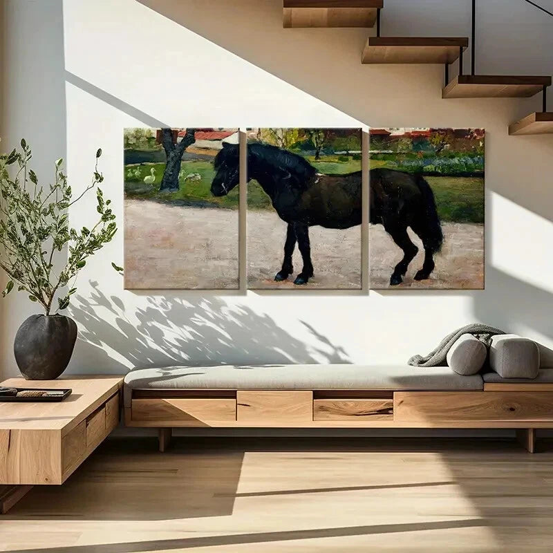 3pcs Black Horse in Pastoral Landscape Theme Metal Print Ready to Hang Art - Bella Home Decor