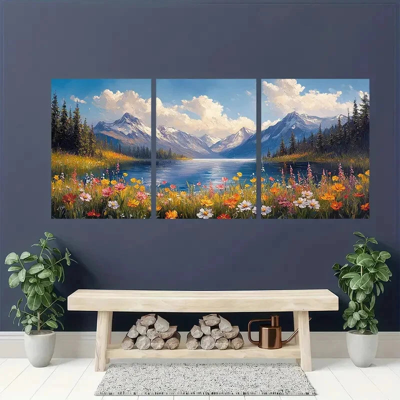 3pcs Nature-Inspired Alpine Wildflower Landscape Metal Print Ready to Hang Art - Bella Home Decor