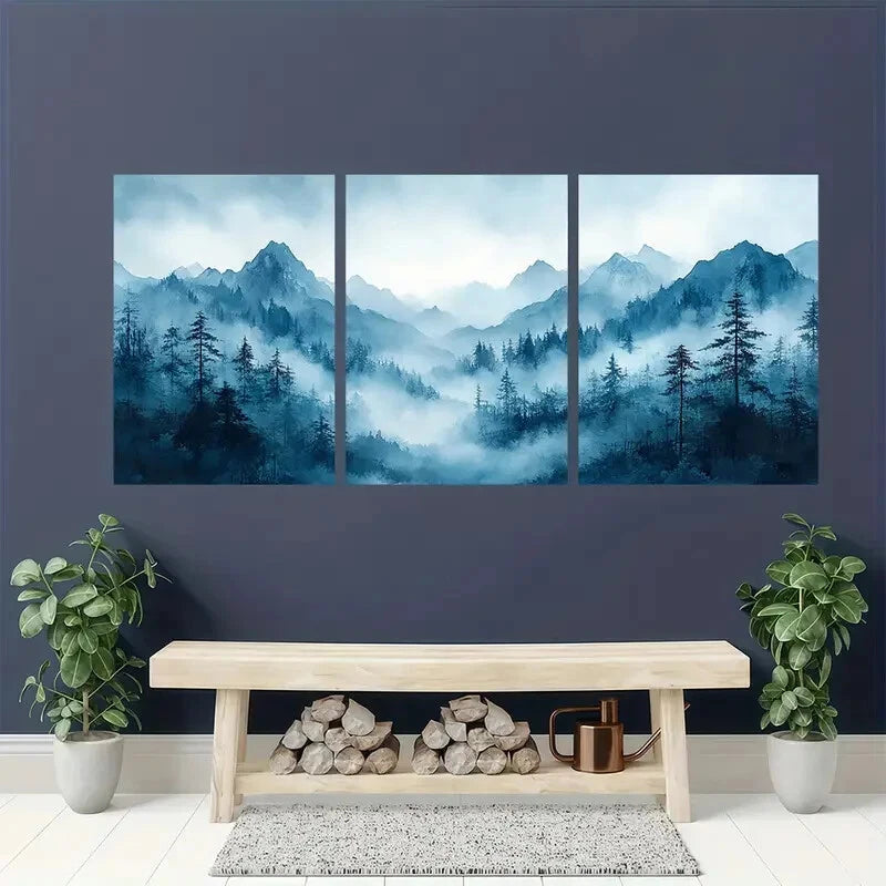 3pcs Misty Mountain Ink Watercolor Painting Metal Print Ready to Hang Art