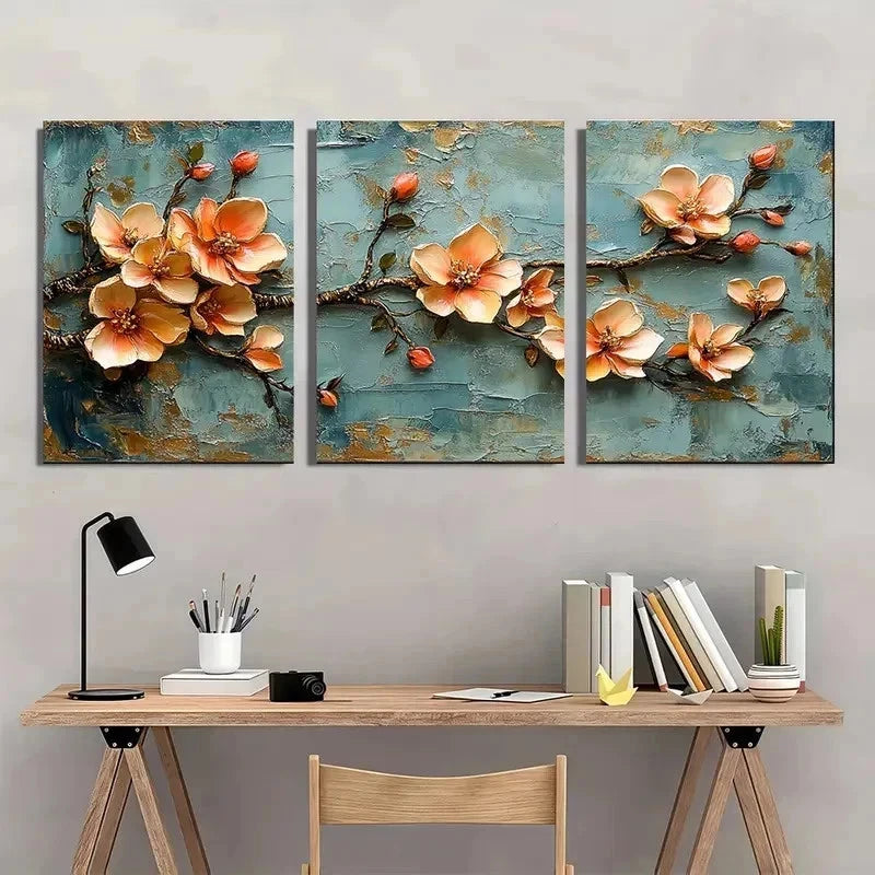 3pcs Golden Leaf Blossom Floral Golden Perfect Wall Art Set Canvas Framed 50x70cm - High Quality Print 100% Australian Made Wall Canvas Ready to Hang - Bella Home Decor