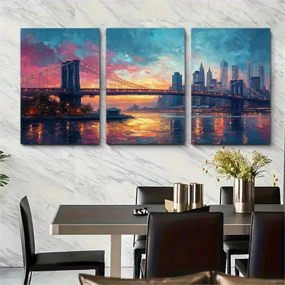 3pcs New York City Abstract River Bridge Perfect Wall Art Set Canvas Framed 50x70cm - High Quality Print 100% Australian Made Wall Canvas Ready to Hang