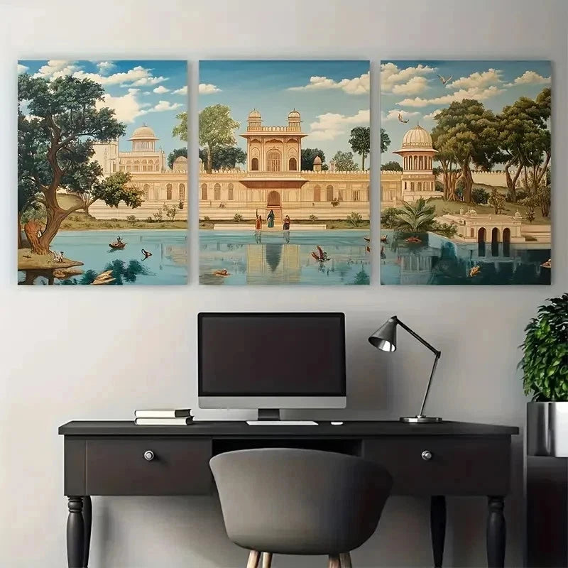 3pcs Mughal Era Palace Scene Décor Perfect Wall Art Set Canvas Framed 60x90cm - High Quality Print 100% Australian Made Wall Canvas Ready to Hang