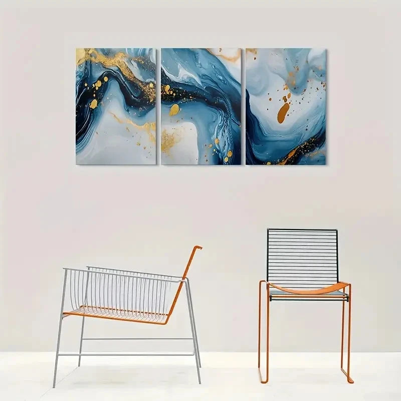 3pcs Blue White & Golden Marble Effect Metal Print Ready to Hang Art - Bella Home Decor