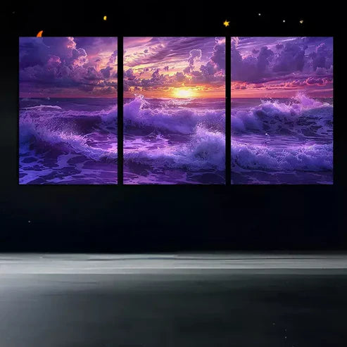 3pcs Purple Ocean Under The Setting Sun Wall Art Canvas Unframed - High Quality Print 100% Australian Made Wall Canvas