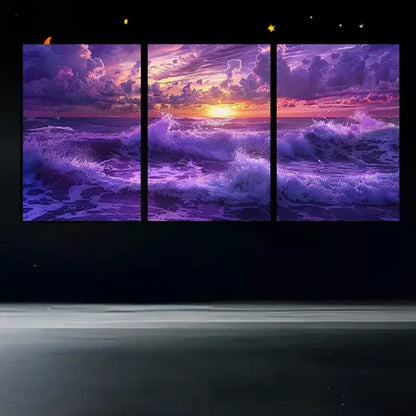 3pcs Purple Ocean Under The Setting Sun Wall Art Canvas Unframed - High Quality Print 100% Australian Made Wall Canvas