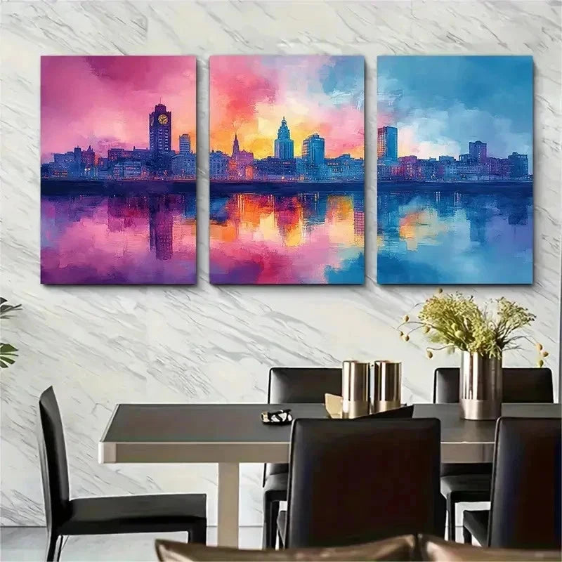 3pcs Belfast Skyline Colorful Landmarks Perfect Wall Art Set Canvas Framed 50x70cm - High Quality Print 100% Australian Made Wall Canvas Ready to Hang - Bella Home Decor