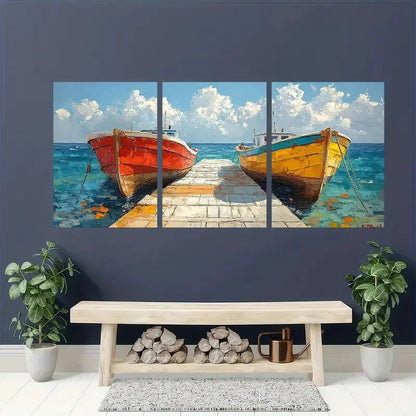 3pcs Coastal Boat Paintings - Oil Impasto Artwork Metal Print Ready to Hang Art - Bella Home Decor