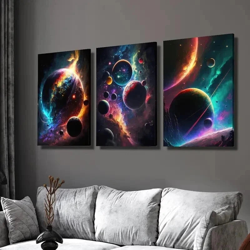3pcs Colorful Space & Glowing Planets Wall Art Set Canvas Framed 60x90cm - High Quality Print 100% Australian Made Wall Canvas Ready to Hang