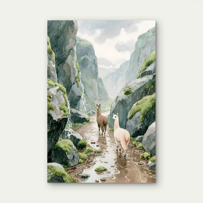 Watercolour Alpaca Mountain Valley Landscape 40x60cm Metal Print Ready to Hang