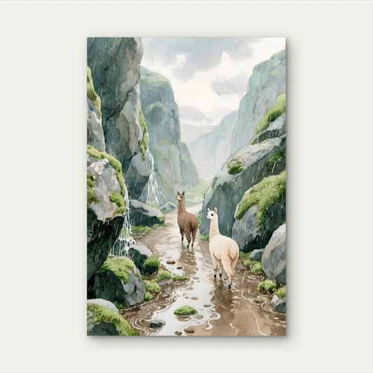 Watercolour Alpaca Mountain Valley Landscape 40x60cm Metal Print Ready to Hang