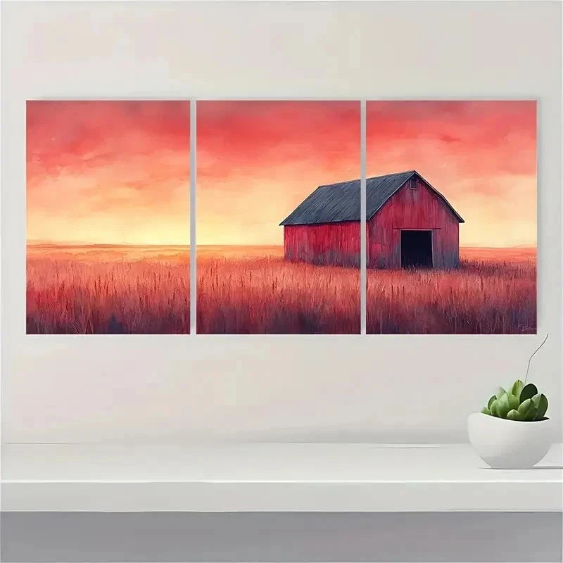3pcs Rustic Barn At Dusk Watercolor Perfect Wall Art Set Canvas Framed 50x70cm - High Quality Print 100% Australian Made Wall Canvas Ready to Hang